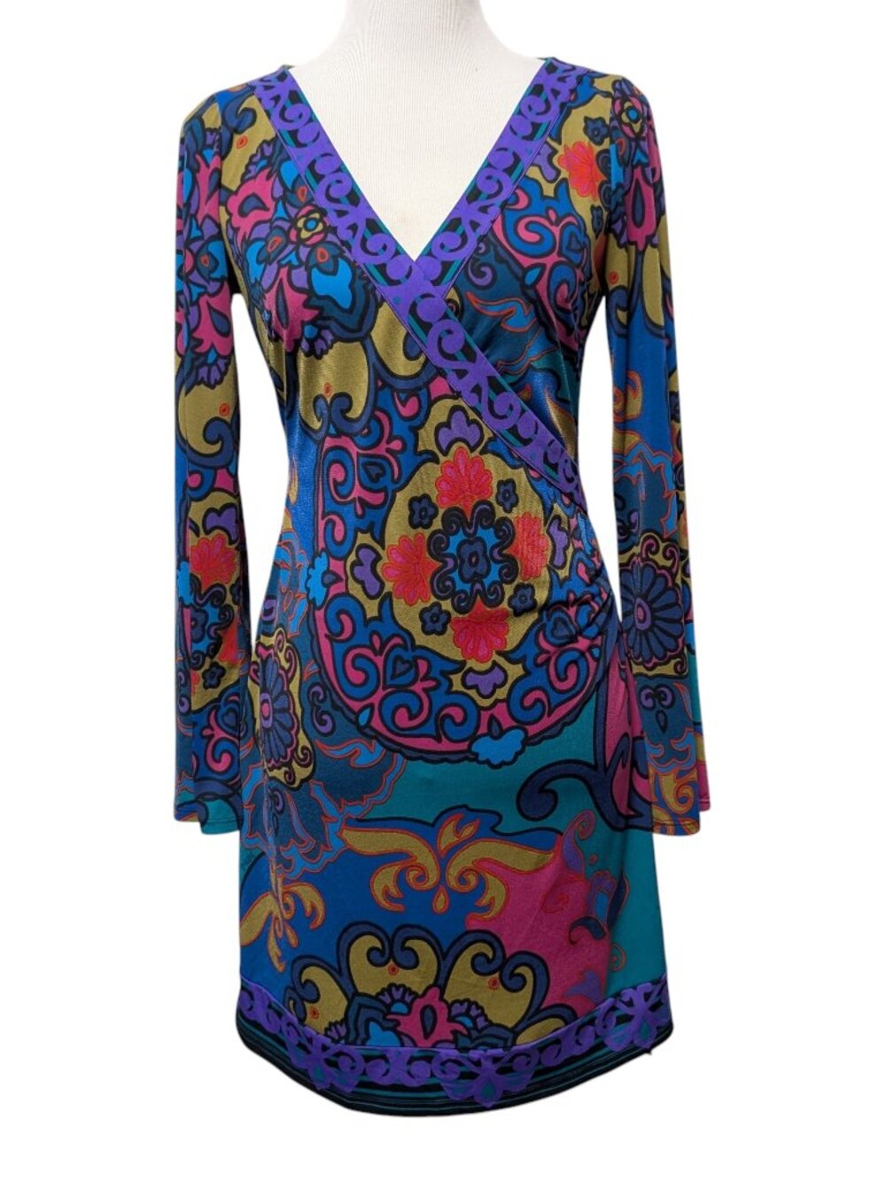 Hale Bob Womens NWT Size S Multicolored Retro Psychedelic Faux Wrap L/S Dress